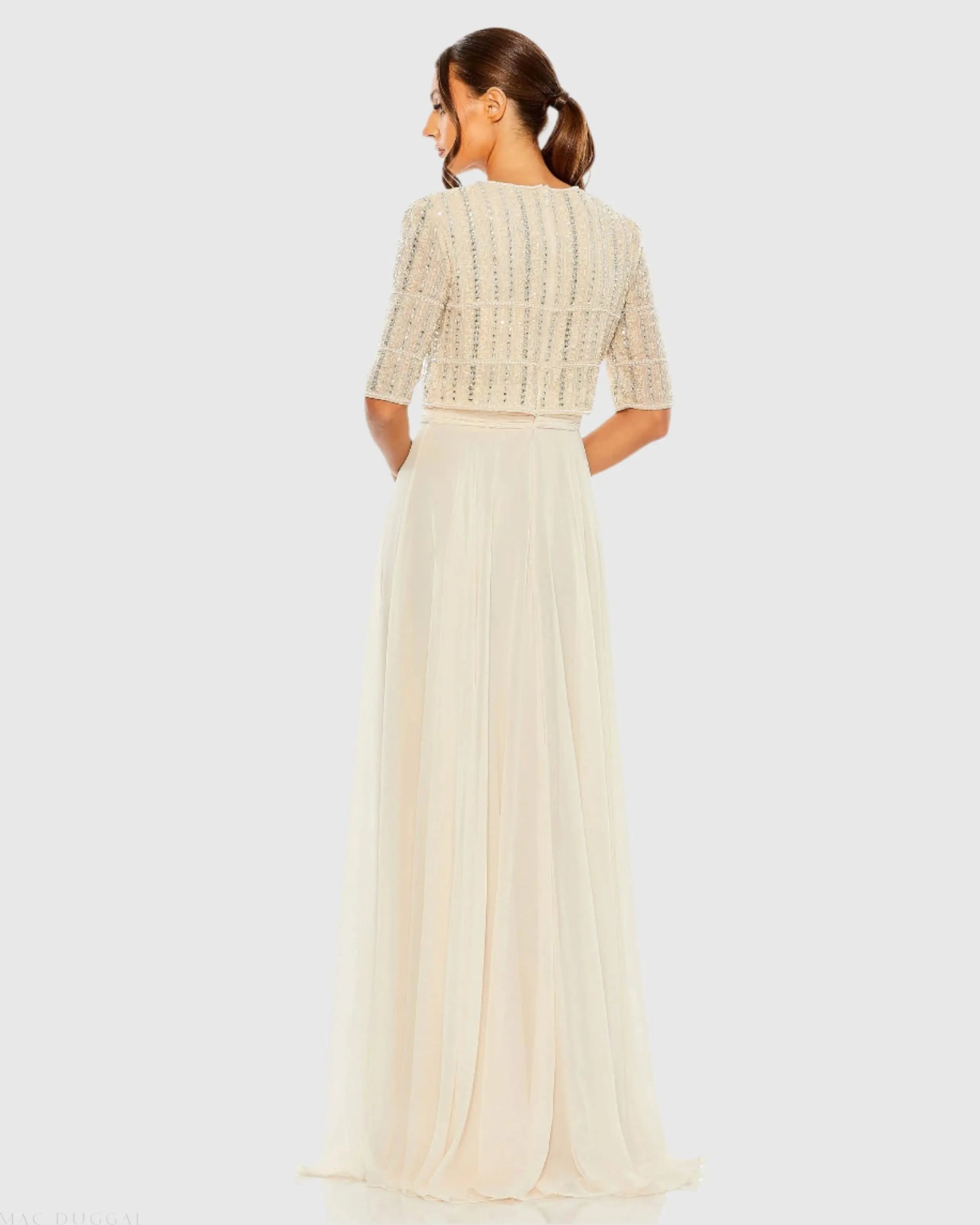 Beige Chiffon Gown w/ Fully Beaded 3/4 Sleeve Top - Image 3