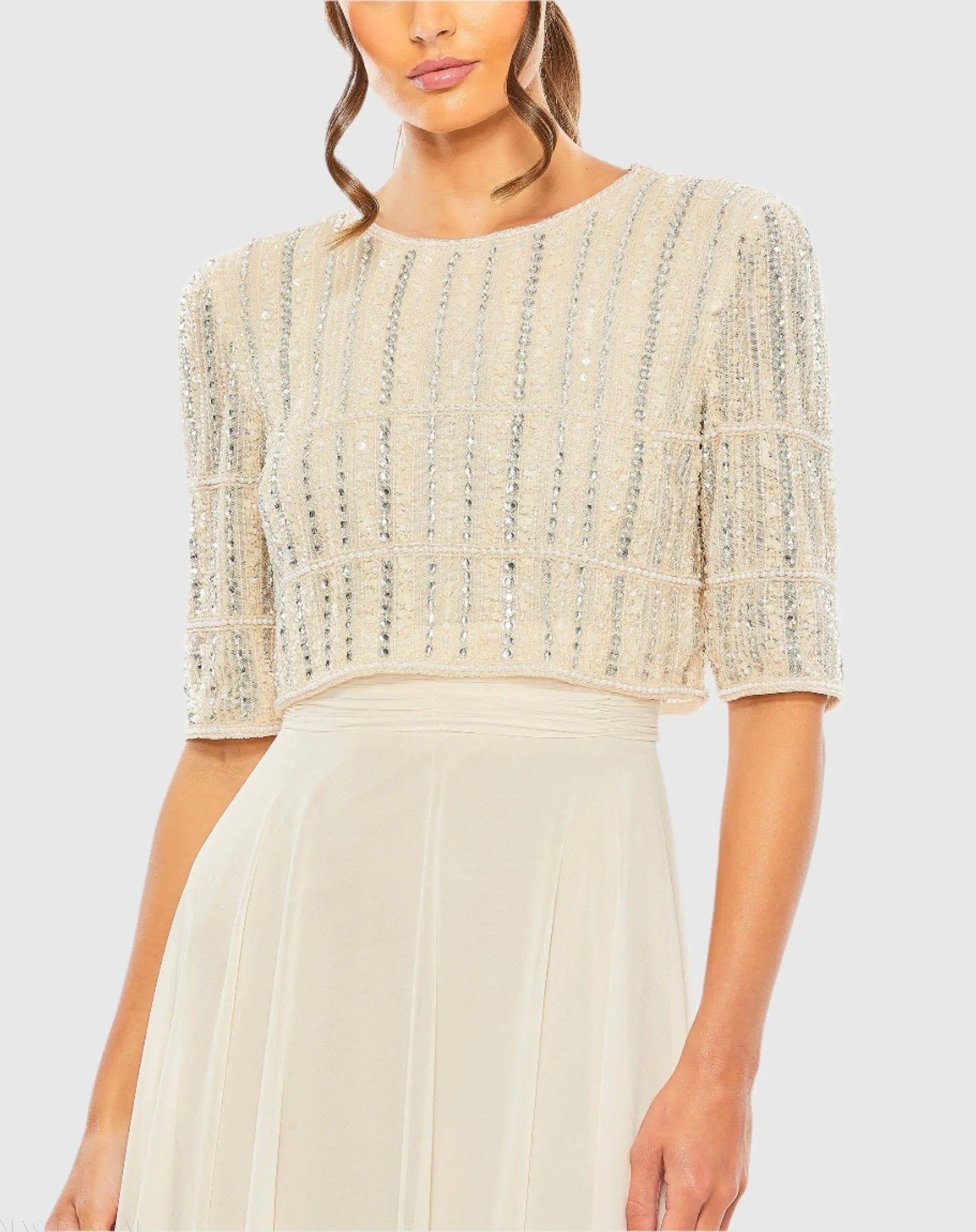 Beige Chiffon Gown w/ Fully Beaded 3/4 Sleeve Top - Image 2