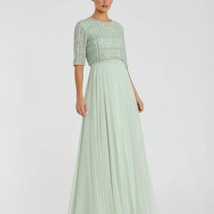 Green Chiffon Gown w/ Fully Beaded 3/4 Sleeve Top