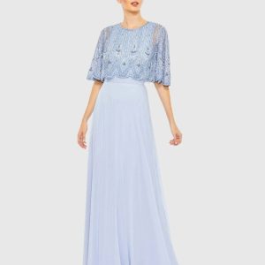 Blue Beaded Overlay A-Line Gown