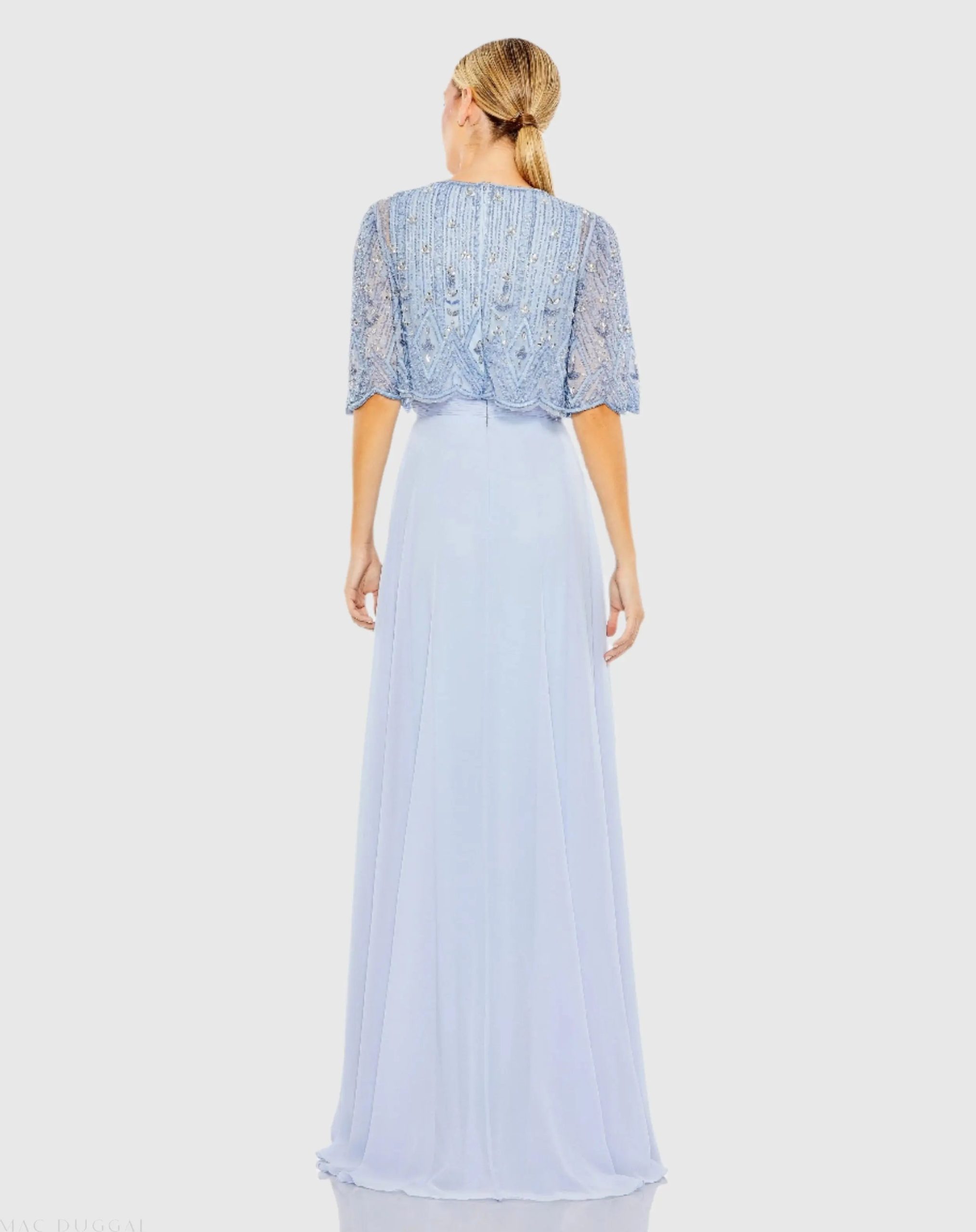 Blue Beaded Overlay A-Line Gown - Image 3