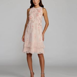 Pink Embellished Ruffle Tiered High Neck Floral Dress