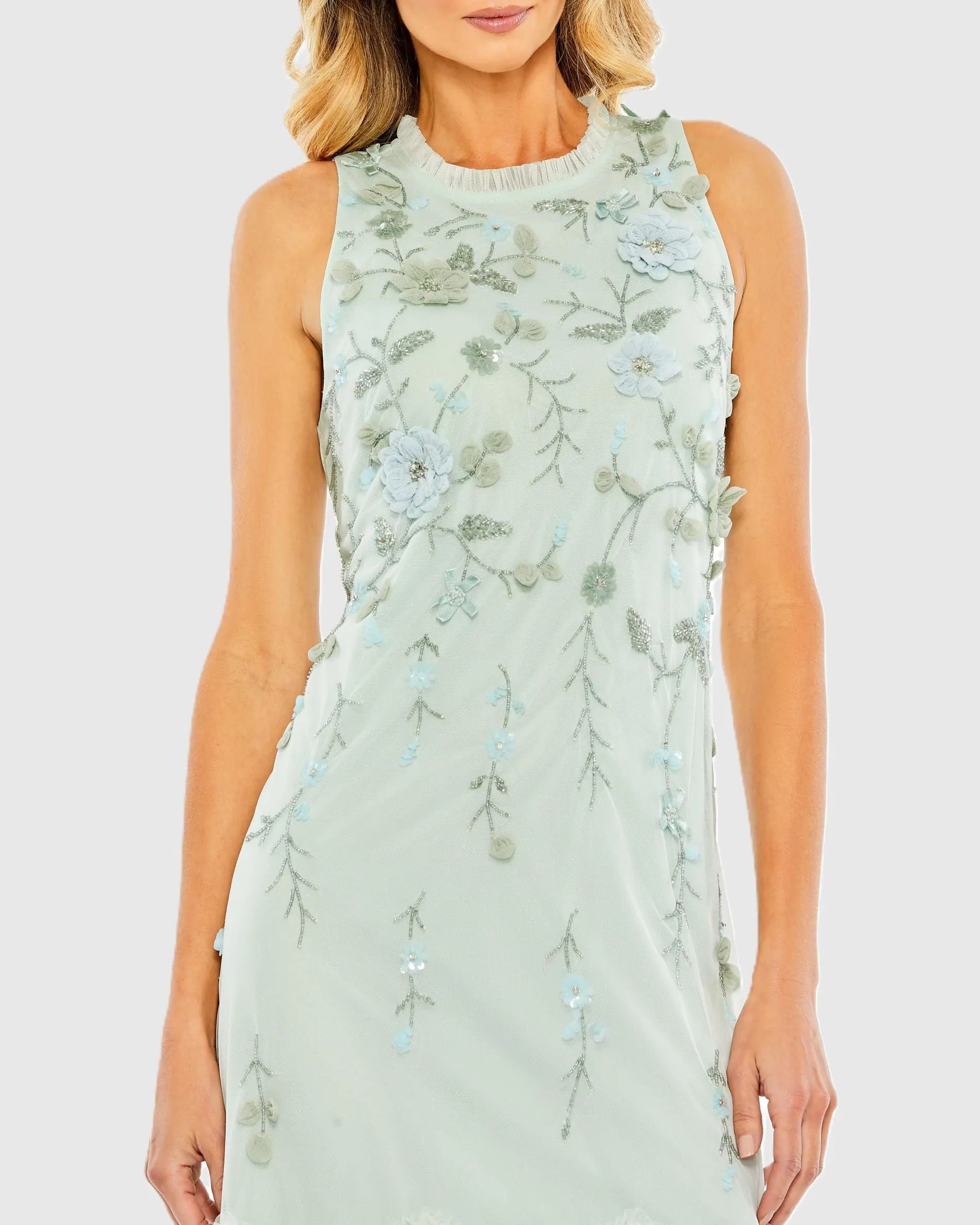 Green Embellished Ruffle Tiered High Neck Floral Dress - Image 2