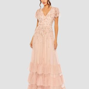 Pink Ruffle Tiered Embellished Faux Wrap Flutter Sleeve Gown