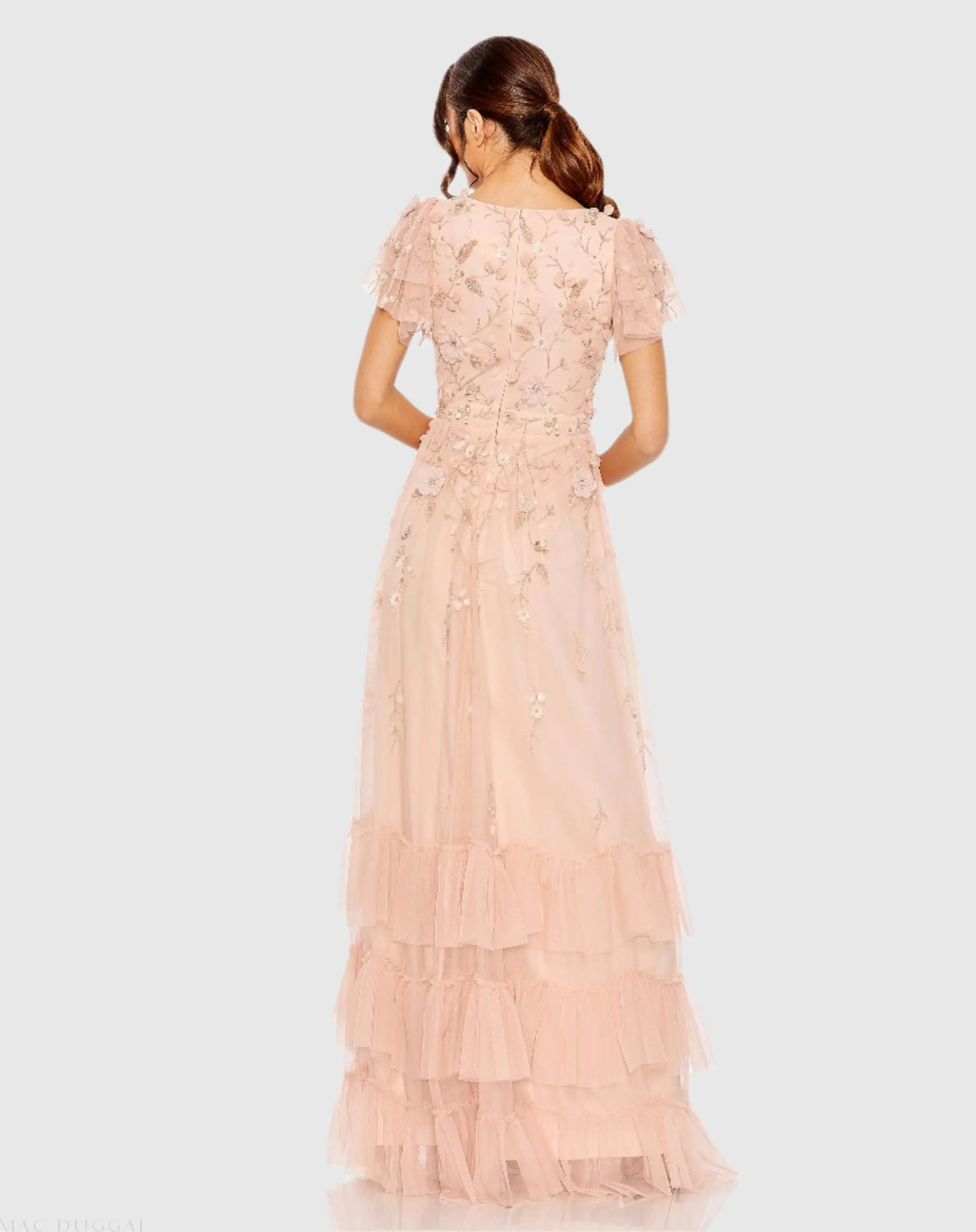 Pink Ruffle Tiered Embellished Faux Wrap Flutter Sleeve Gown - Image 3