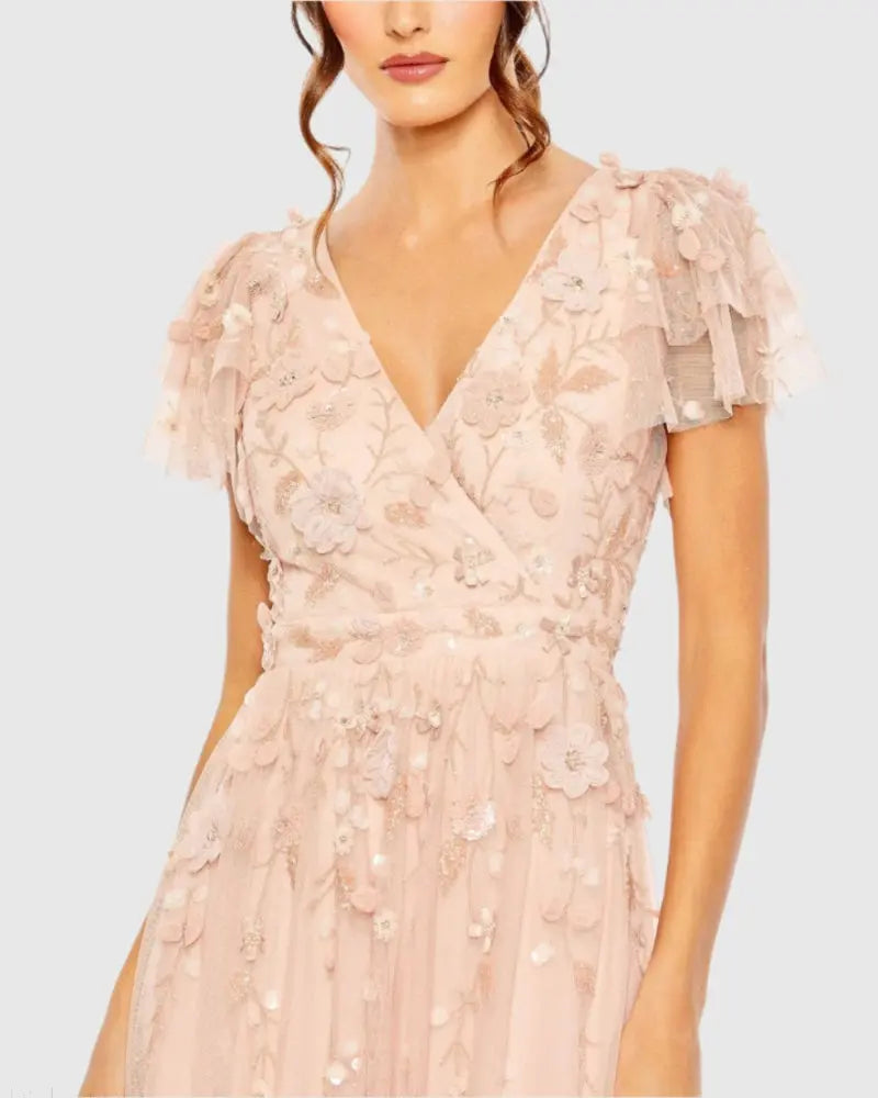 Pink Ruffle Tiered Embellished Faux Wrap Flutter Sleeve Gown - Image 2