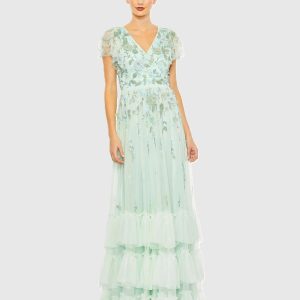 Green Ruffle Tiered Embellished Faux Wrap Flutter Sleeve Gown