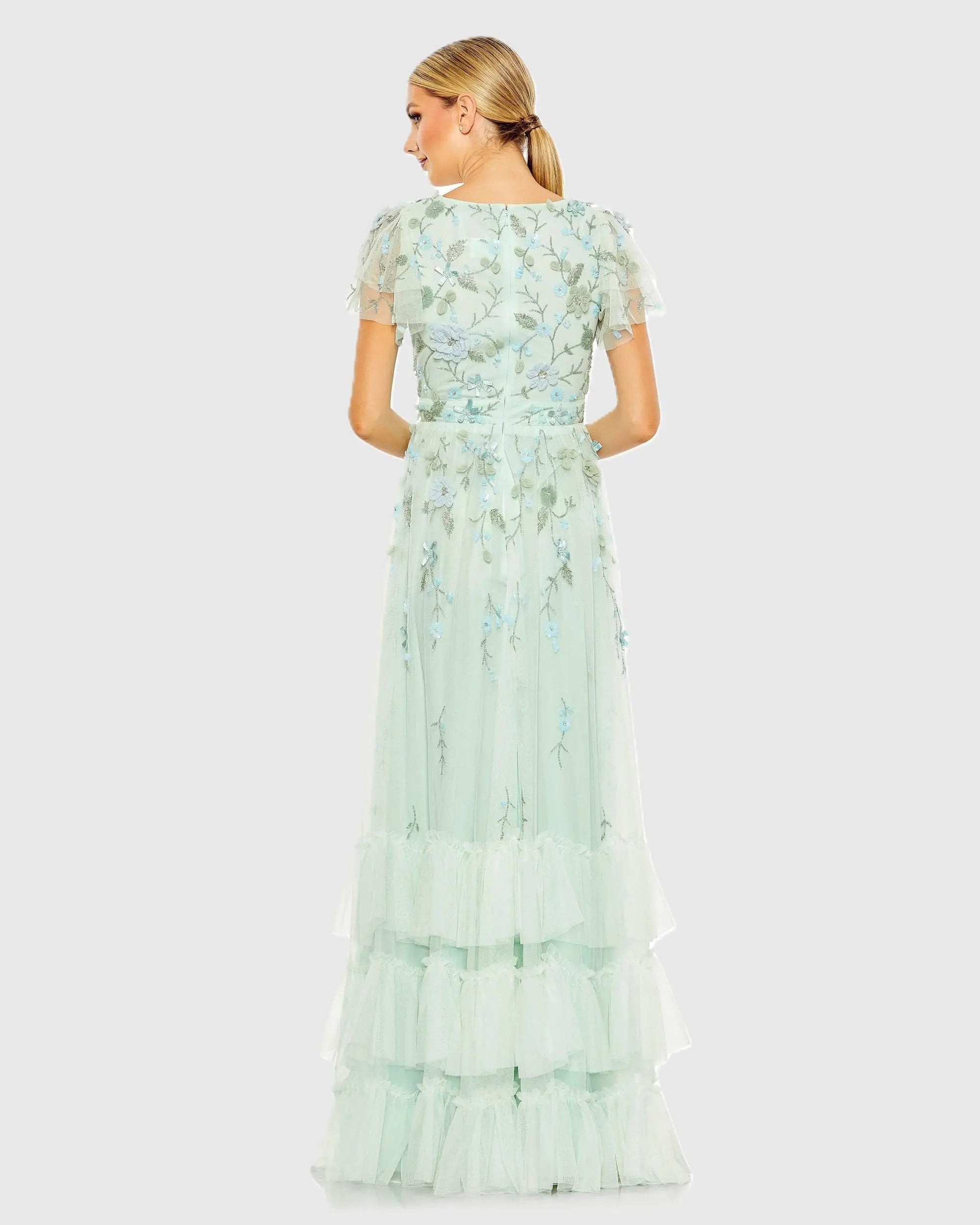 Green Ruffle Tiered Embellished Faux Wrap Flutter Sleeve Gown - Image 3
