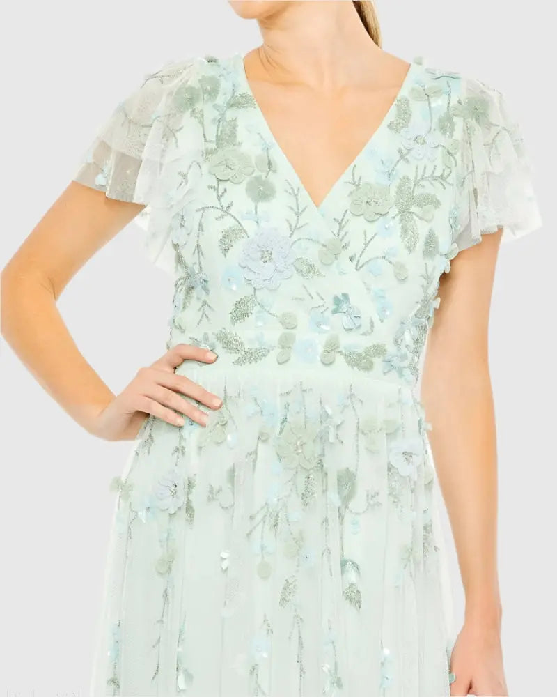 Green Ruffle Tiered Embellished Faux Wrap Flutter Sleeve Gown - Image 2