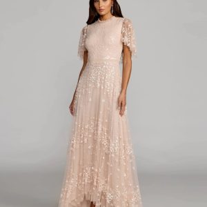 Pink Sequined High Neck Flutter Sleeve A Line Gown