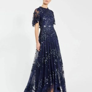 Navy Sequined High Neck Flutter Sleeve A Line Gown