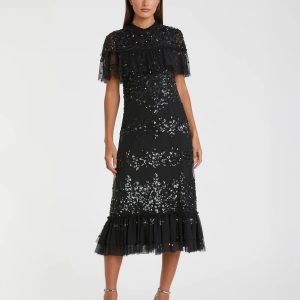 Black Sequined High Neck Ruffled Midi Dress