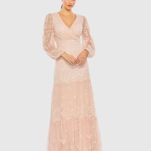 Pink Sequined Tiered Wrap Over Puff Sleeve Gown