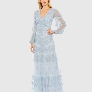 Blue Sequined Tiered Wrap Over Puff Sleeve Gown