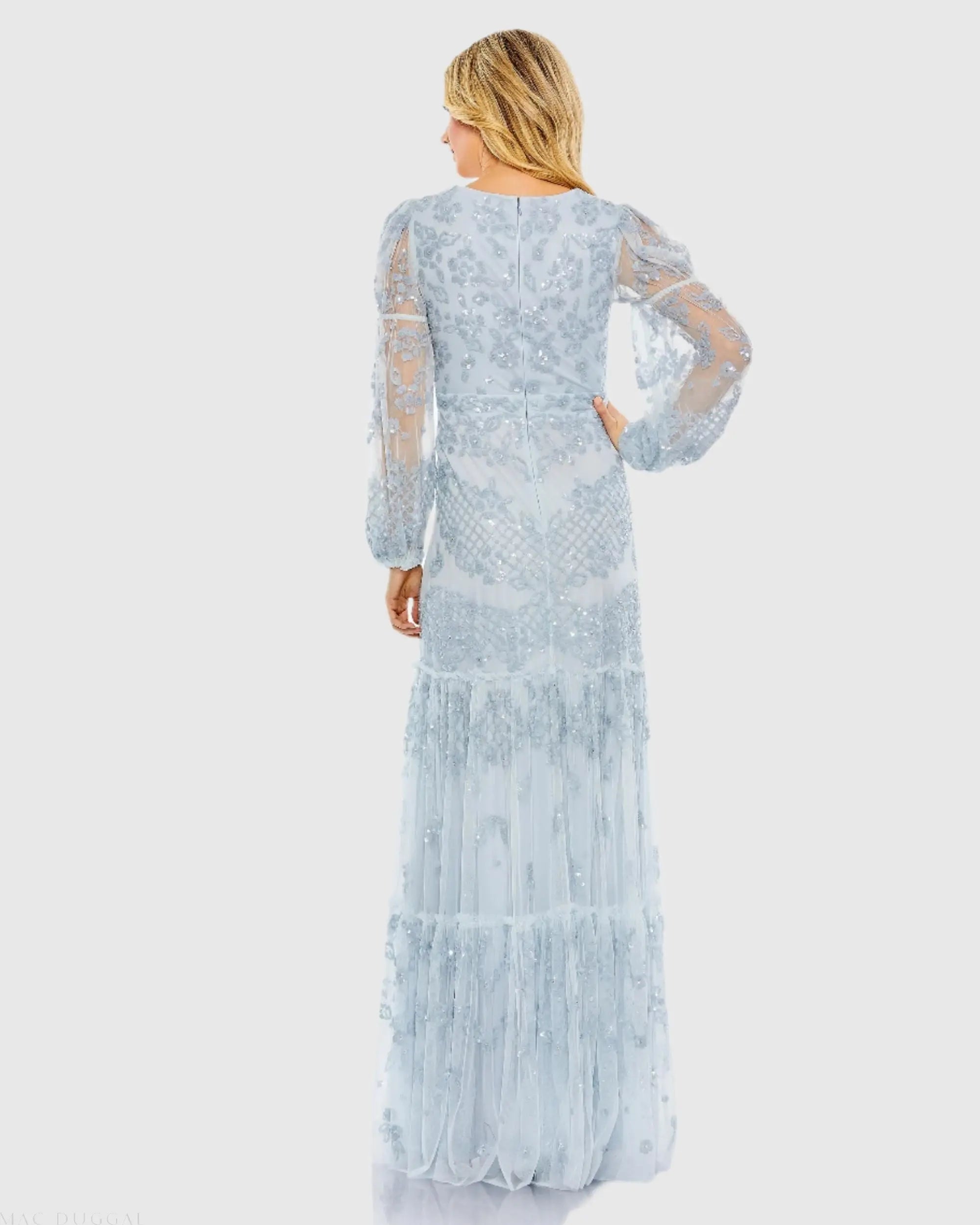 Blue Sequined Tiered Wrap Over Puff Sleeve Gown - Image 3
