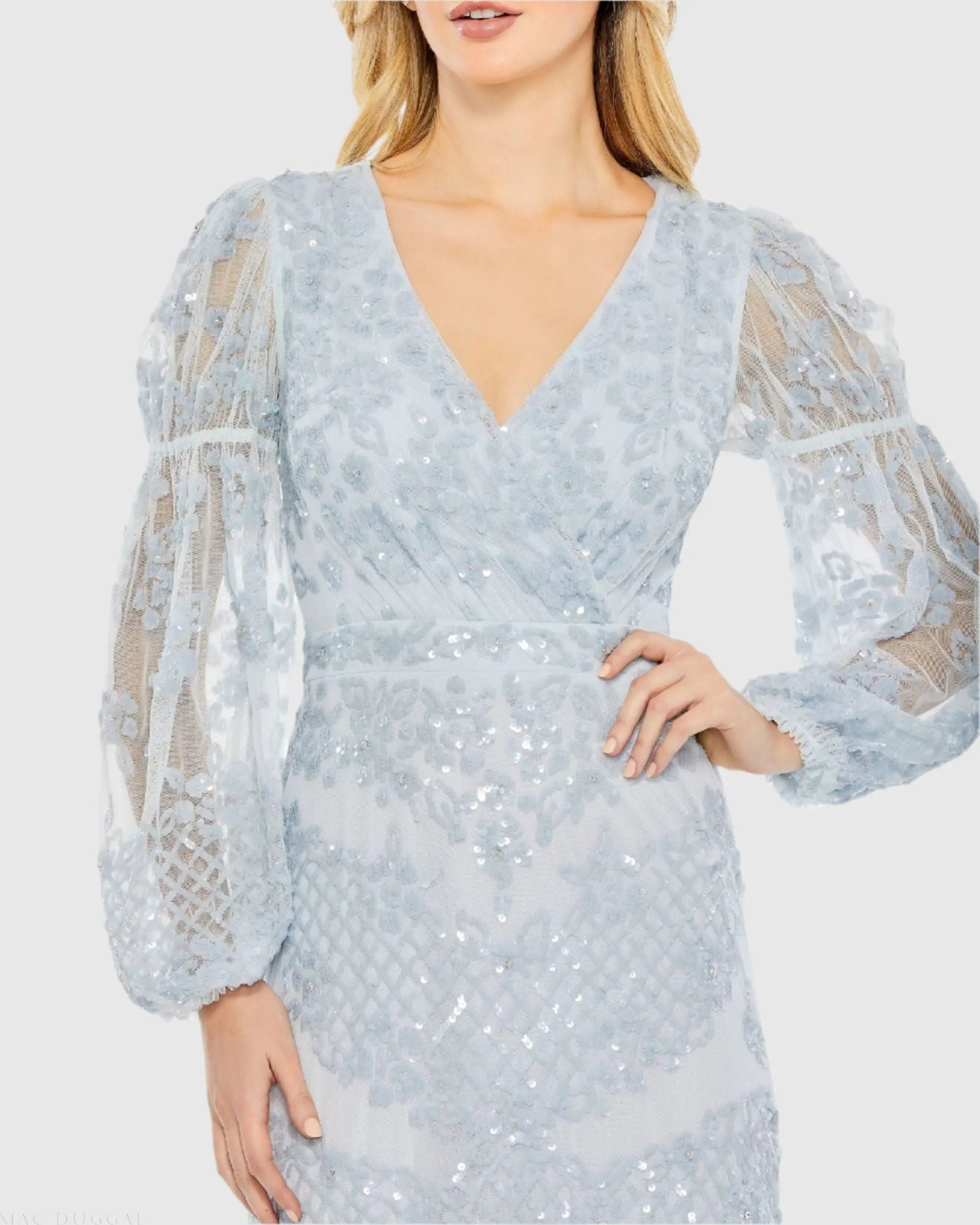 Blue Sequined Tiered Wrap Over Puff Sleeve Gown - Image 2