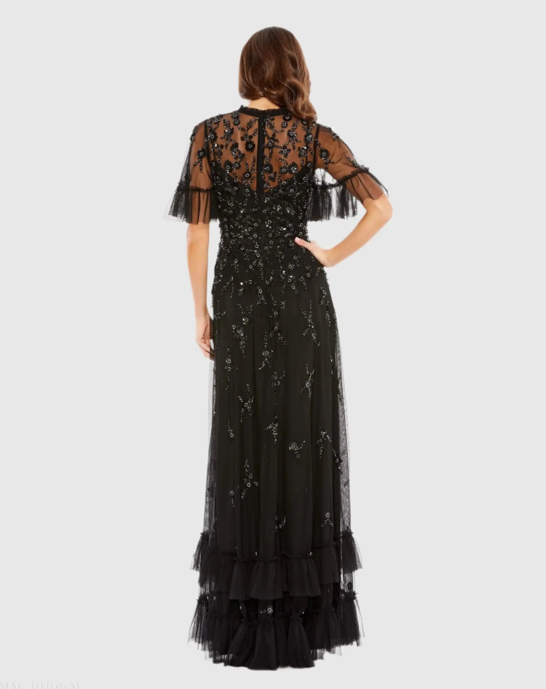 Black Ruffled Floral Embellished Flutter Sleeve A-Line Gown - Image 3