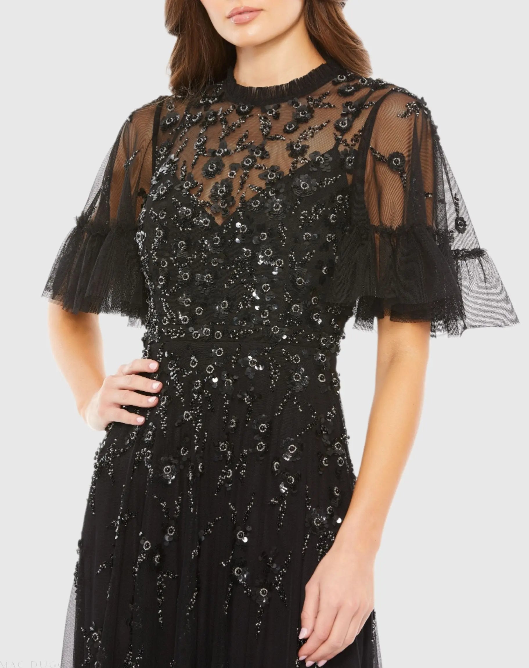 Black Ruffled Floral Embellished Flutter Sleeve A-Line Gown - Image 2