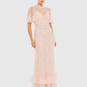 Light Pink Ruffled Floral Embellished Flutter Sleeve A Line Dress