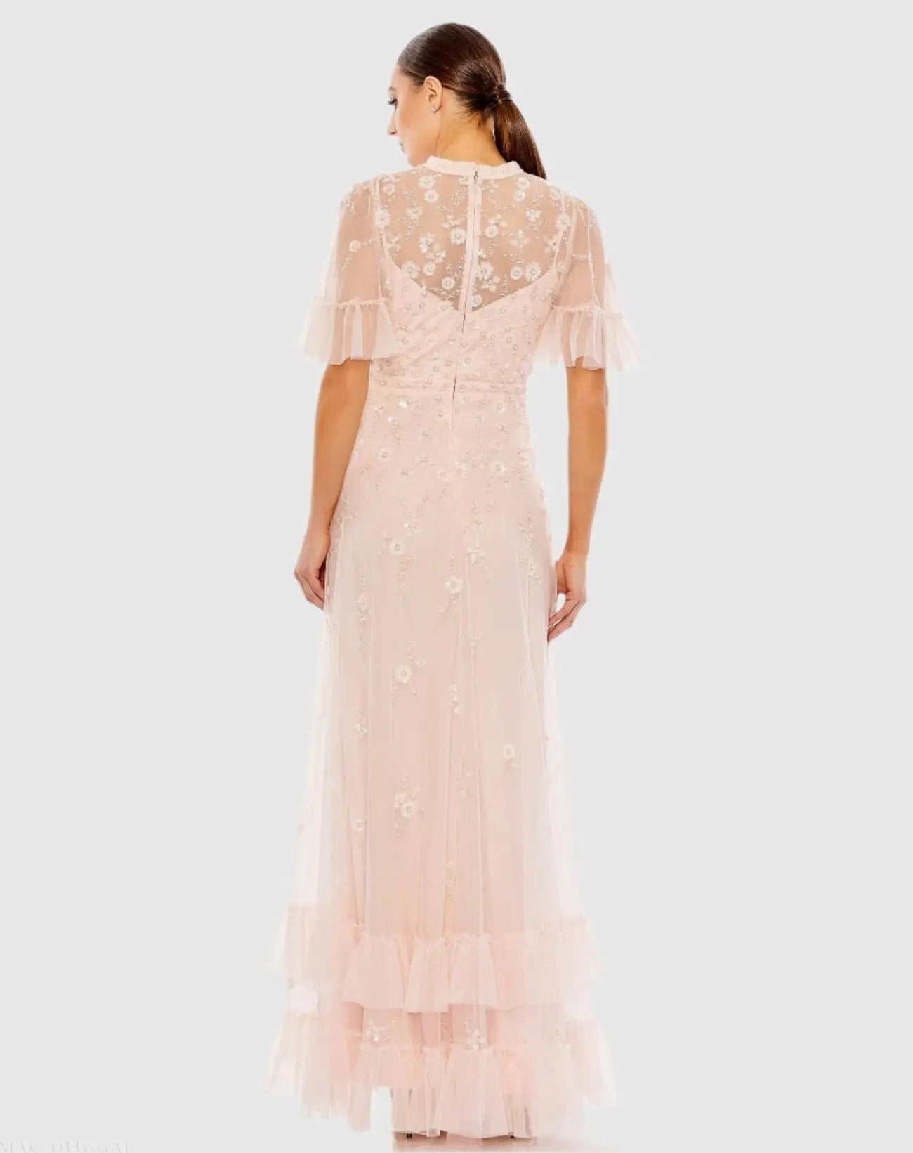 Light Pink Ruffled Floral Embellished Flutter Sleeve A Line Dress - Image 3