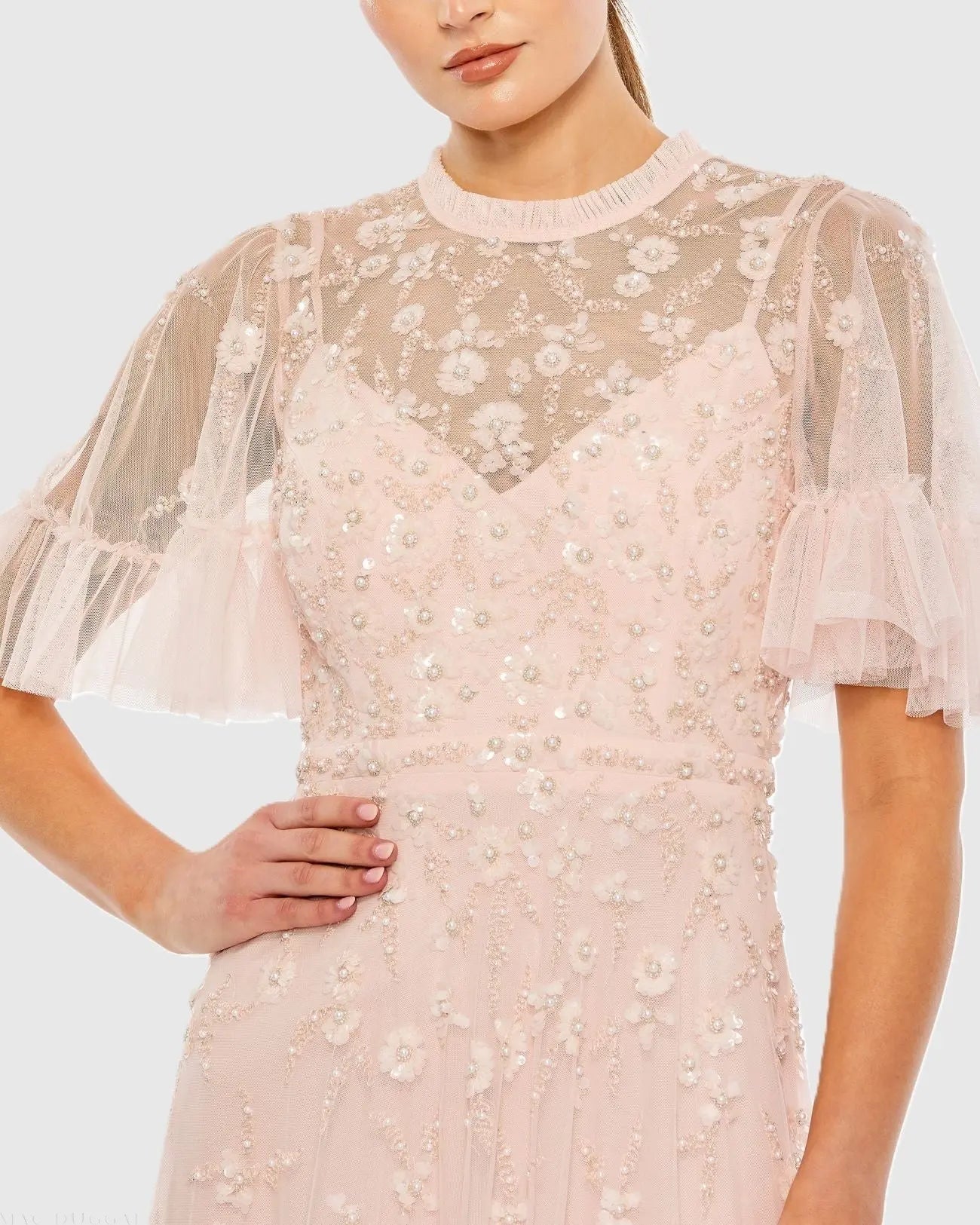 Light Pink Ruffled Floral Embellished Flutter Sleeve A Line Dress - Image 2