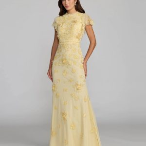Yellow Floral Embellished High Neck Flutter Sleeve Gown