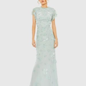 Blue Floral Embellished High Neck Flutter Sleeve Gown
