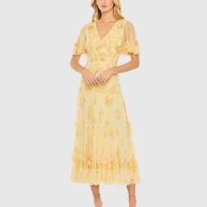 Yellow Floral Embellished Flutter Sleeve Dress