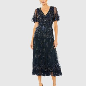 Navy Floral Embellished Flutter Sleeve Dress