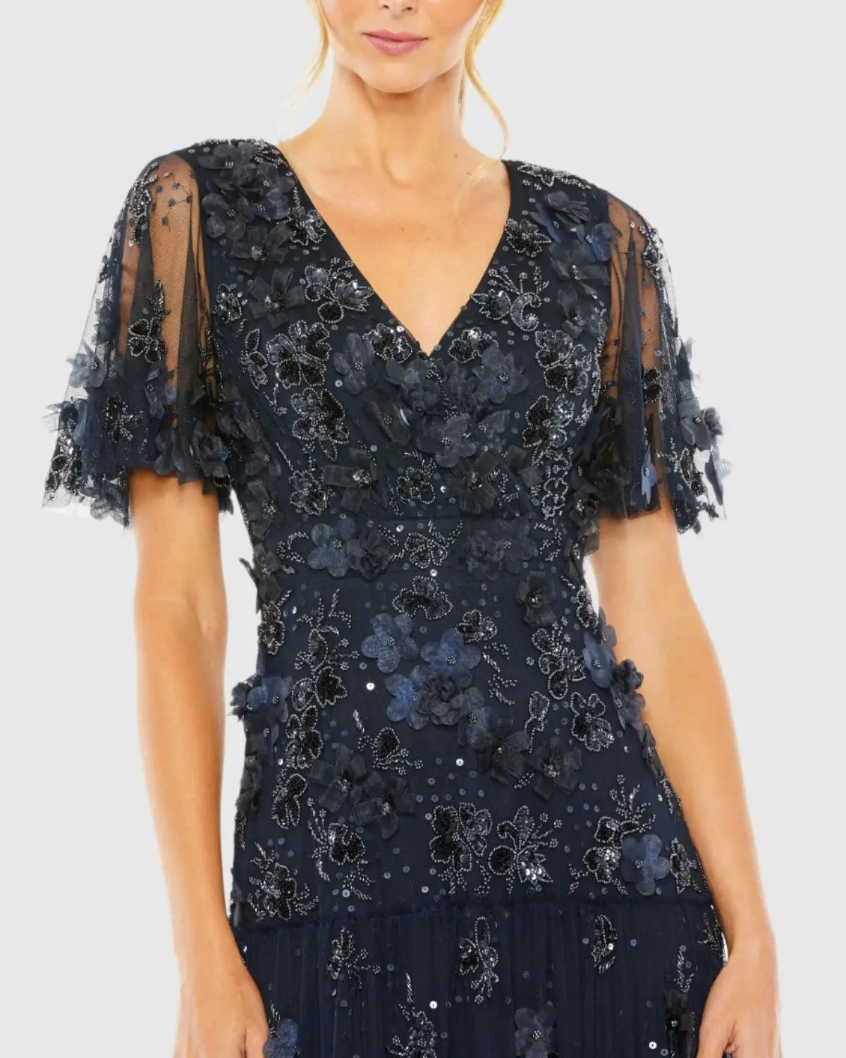 Navy Floral Embellished Flutter Sleeve Dress - Image 2