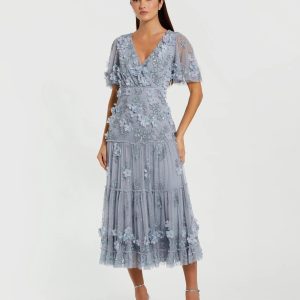 Blue Floral Embellished Flutter Sleeve Dress