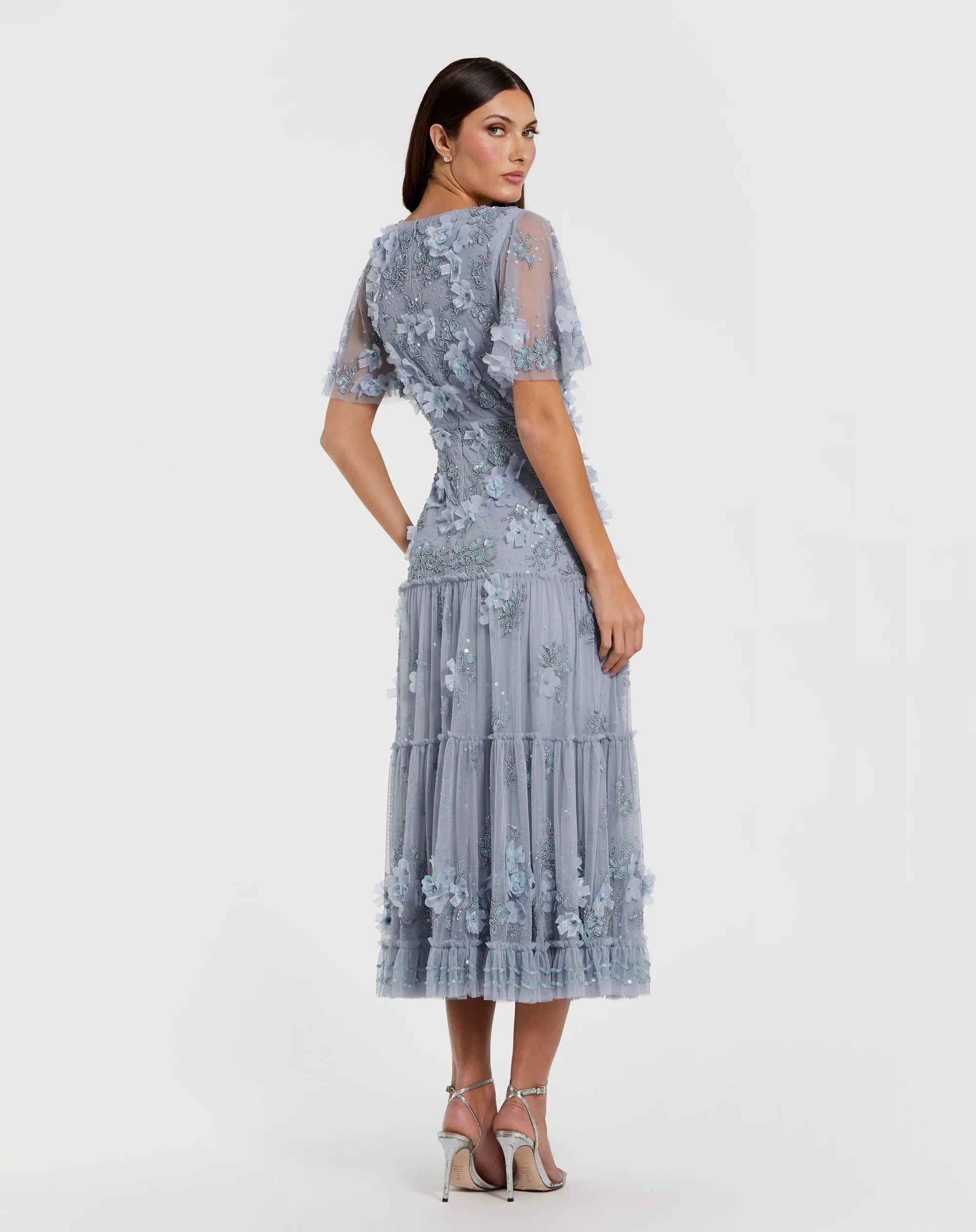 Blue Floral Embellished Flutter Sleeve Dress - Image 3