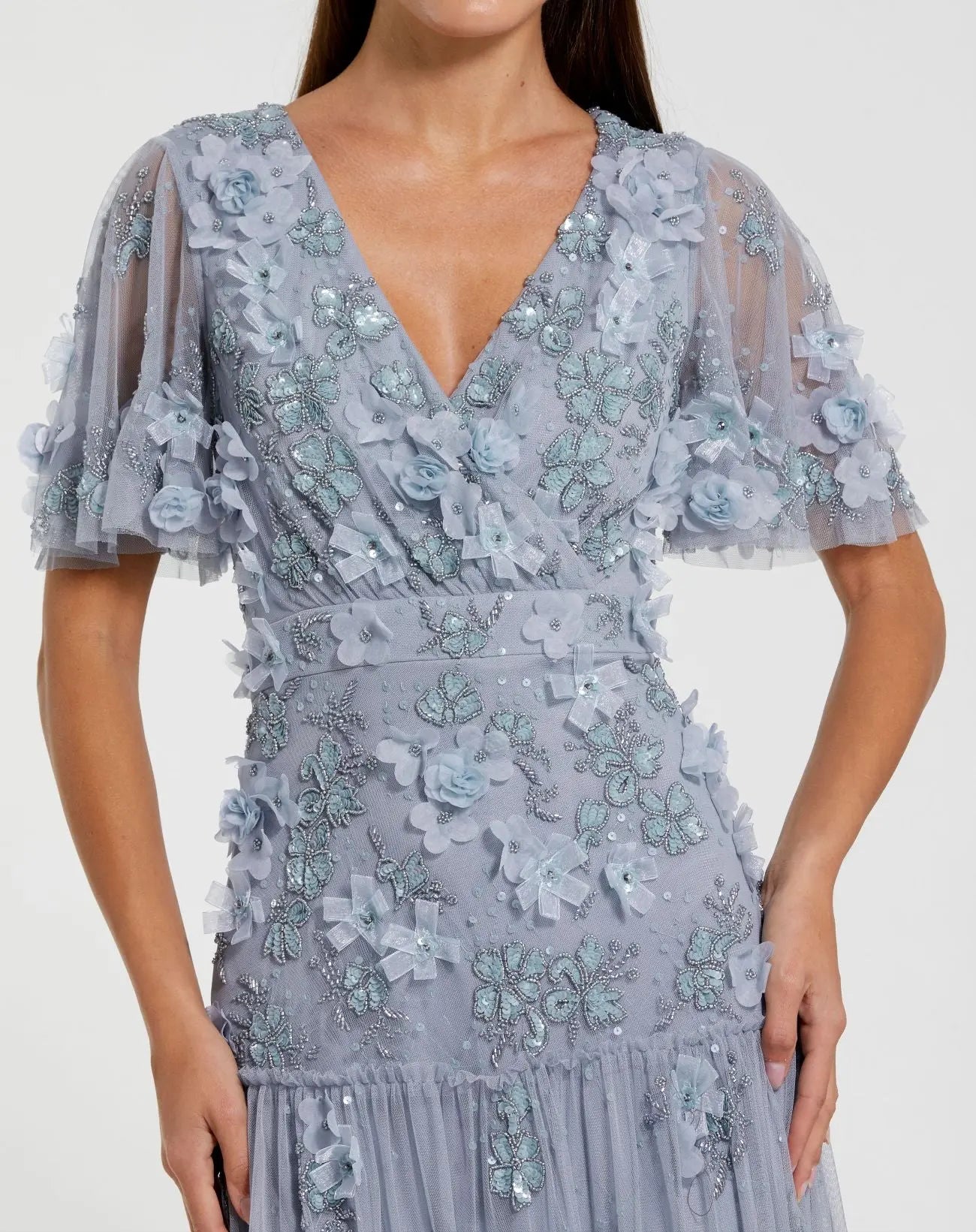 Blue Floral Embellished Flutter Sleeve Dress - Image 2