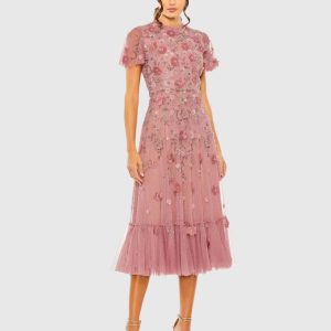 Pink Embellished High Neck Flutter Sleeve A Line Dress