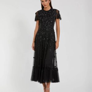 Black Embellished High Neck Flutter Sleeve A Line Dress