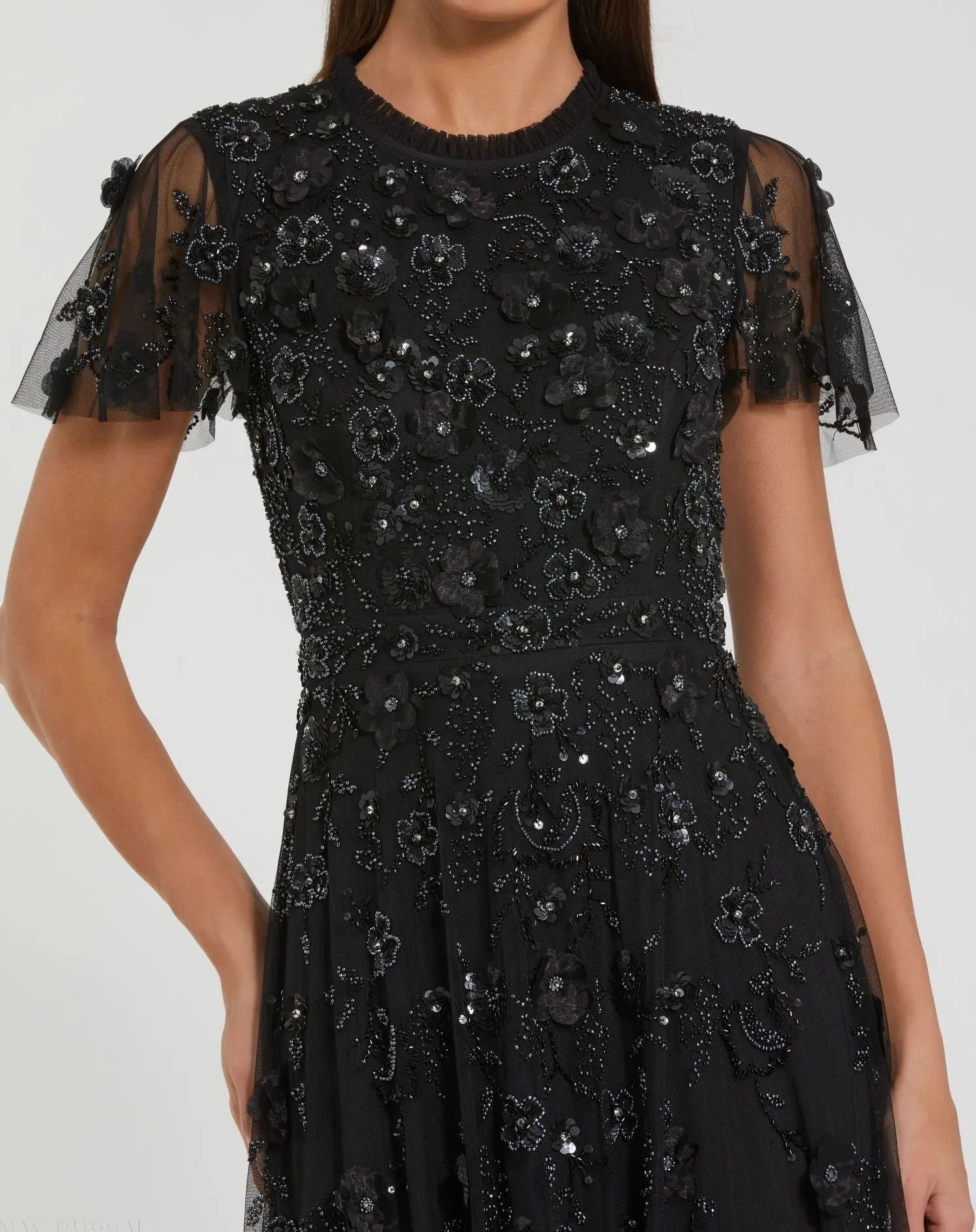 Black Embellished High Neck Flutter Sleeve A Line Dress - Image 2