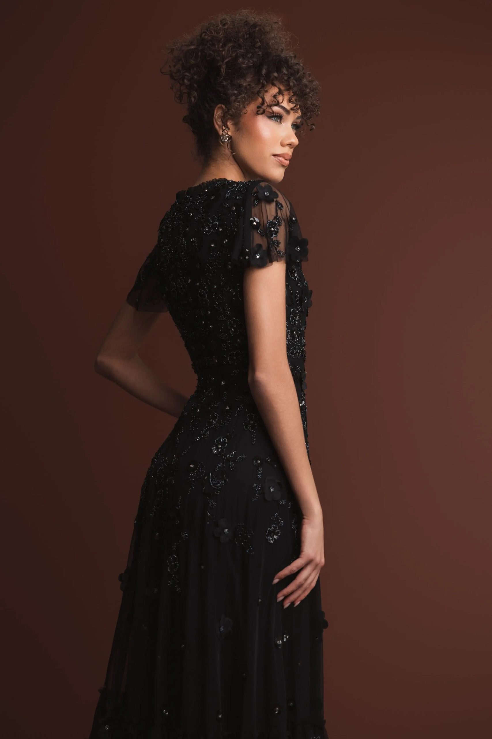Black Embellished High Neck Flutter Sleeve A Line Dress - Image 6
