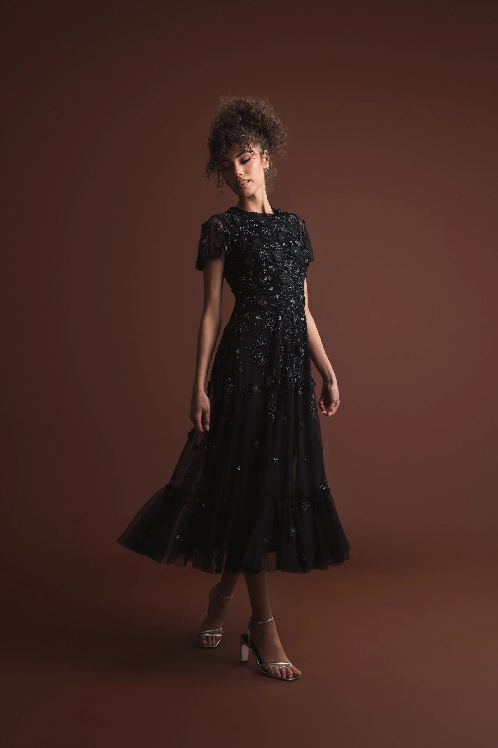 Black Embellished High Neck Flutter Sleeve A Line Dress - Image 4