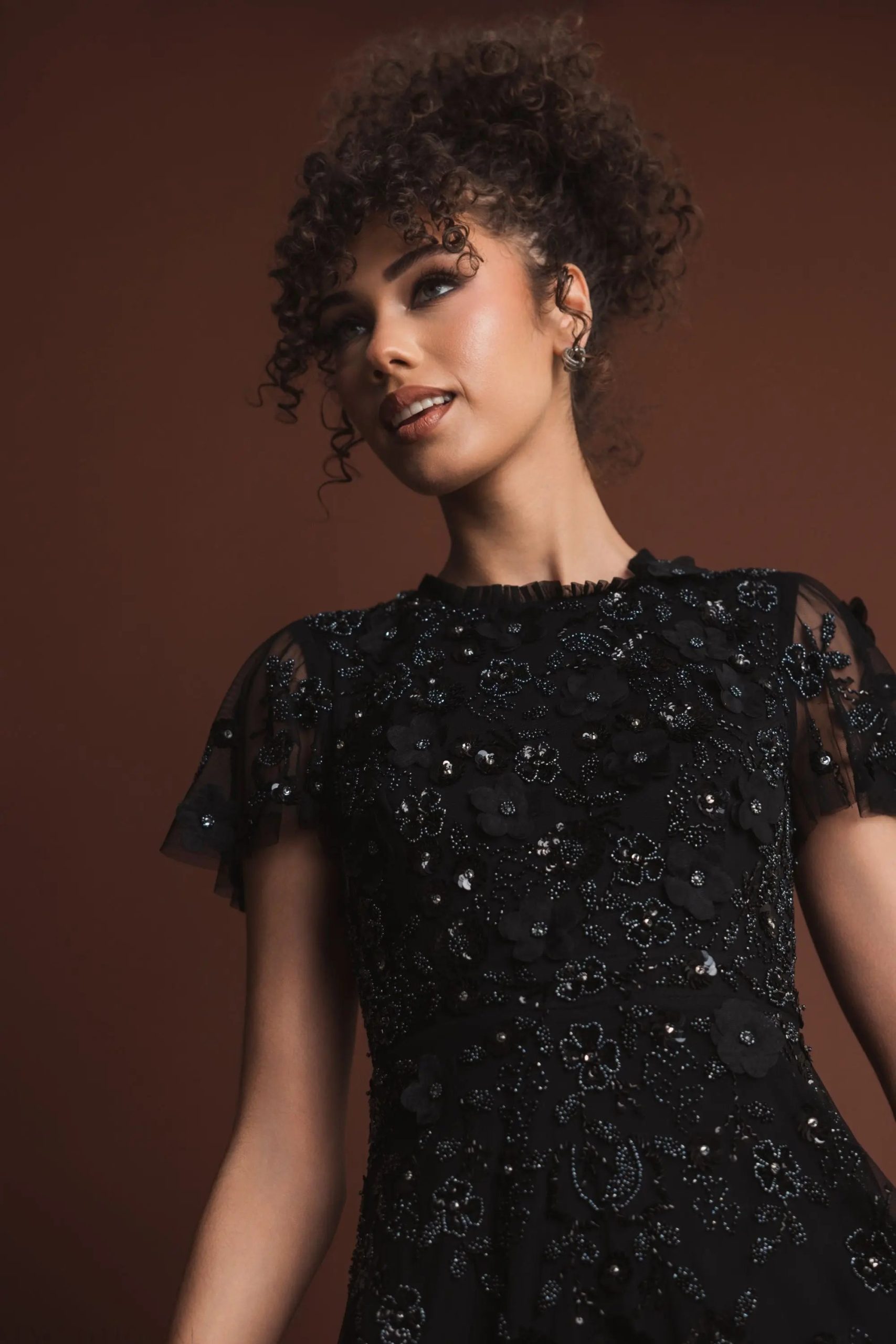 Black Embellished High Neck Flutter Sleeve A Line Dress - Image 5