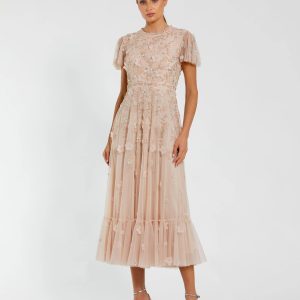 Light Pink Embellished High Neck Flutter Sleeve A Line Dress