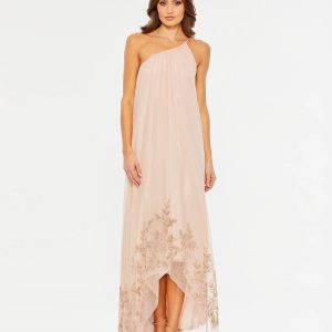 Pink Flowy One Shoulder Beaded Trapeze Gown