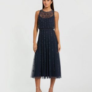 Navy High Neck Sleeveless Embellished A Line Cocktail Dress