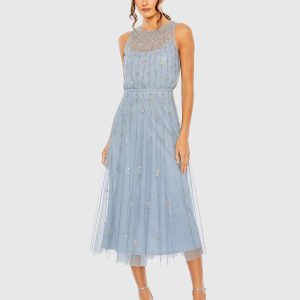 Blue High Neck Sleeveless Embellished A Line Cocktail Dress