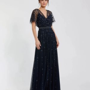 Navy V Neck Embellished Flutter Sleeve A Line Gown