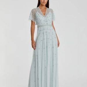 Blue V Neck Embellished Flutter Sleeve A Line Gown - FINAL SALE
