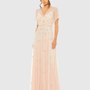 Pink V Neck Embellished Flutter Sleeve A Line Gown