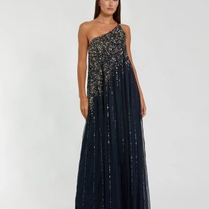 Navy One Shoulder Embellished Trapeze Gown