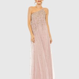 Pink One Shoulder Embellished Evening Gown