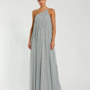 Green One Shoulder Embellished Trapeze A Line Gown