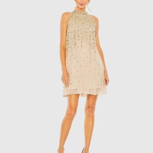 Beige High Neck Sleeveless Sequin Embellished Trapeze Dress